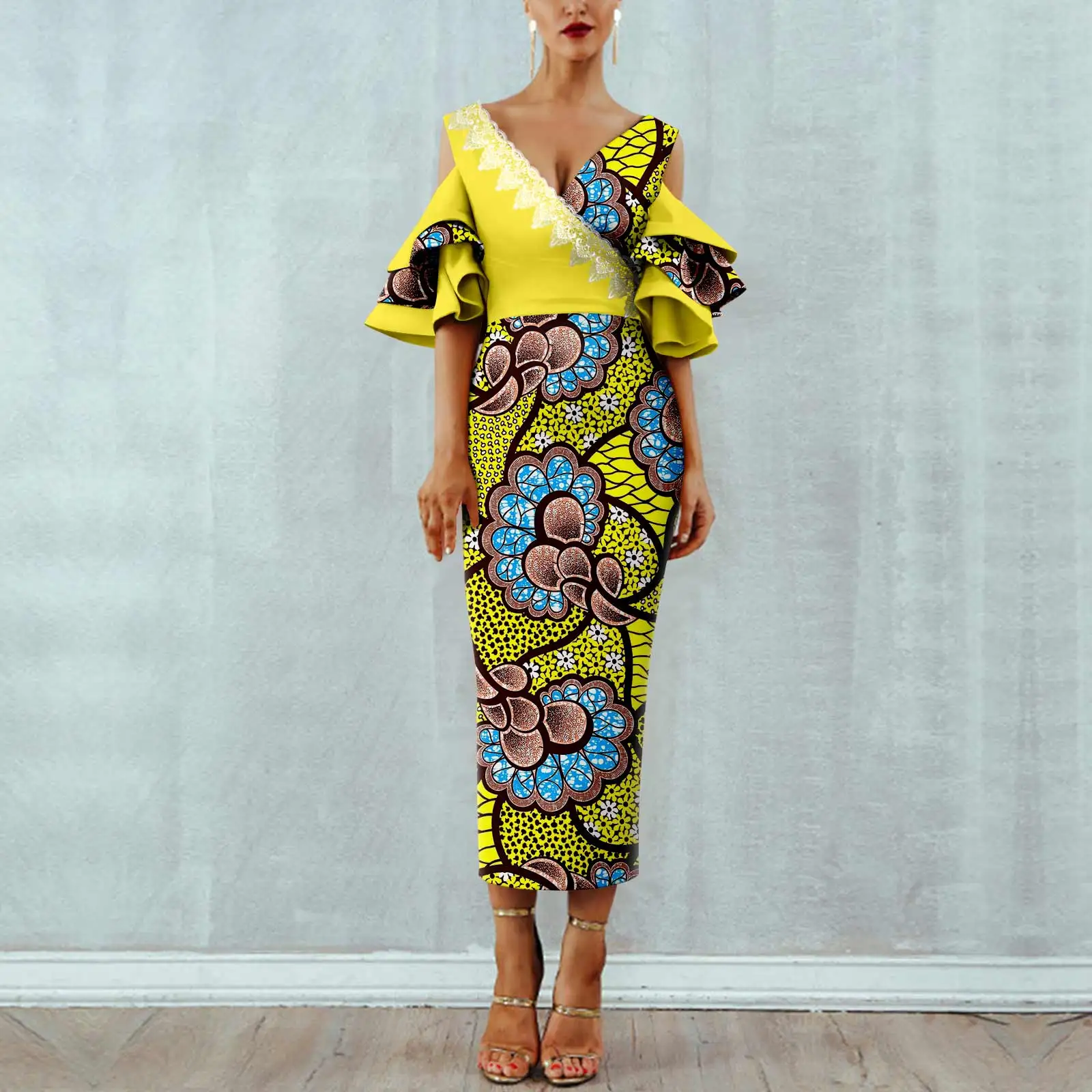 

Afripride Ankara Dresses for Women African Attire Half Sleeves Mid- Calf Length Casual Pencil Dress A2225077