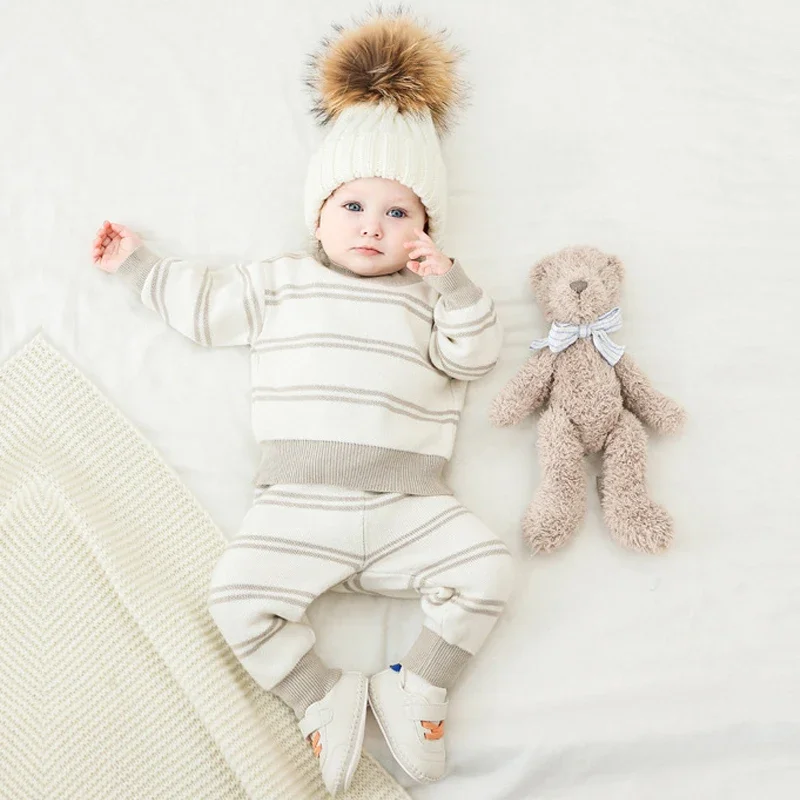 Winter Newborn Baby Girl Boy Clothes Set O-neck Long Sleeves Top + Pants Costume Knit Sweater Spring and Autumn Costume Suit