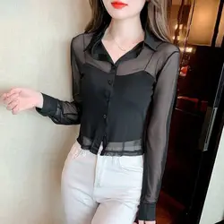 Camiseta holgada de manga larga para mujer, camisa de protección solar de gama alta, Color sólido, estilo fino, cuello de Polo, botón, moda, nuevo, Verano