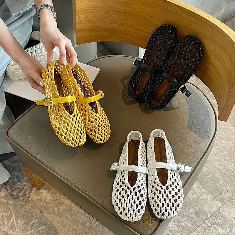 Kcenid المرأة جولة تو صندل مسطح عادية تنفس الباليه تصميم جوفاء العصرية ماري جين أحذية اليدوية نسج الشقق حجم 43