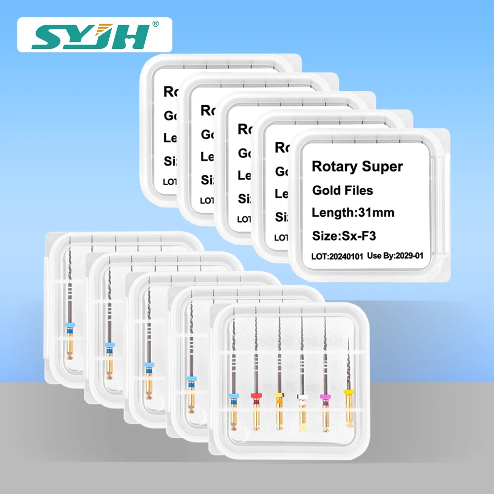 

SYJH 6pcs/Box Dental Blue/Gold Niti Super Rotary Heat Activated Endodontic Canal Flexible Endo Rotary Files for Tooth Root Canal