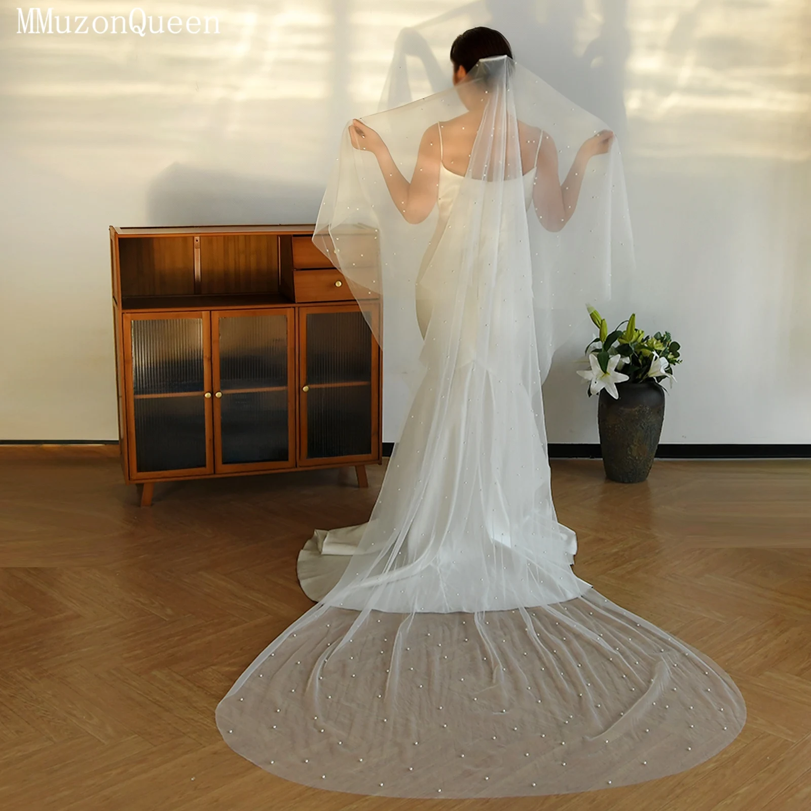 TOPQUEEN Velo De Novias Pearl Veil Double Powder Blusher Veil Cathedral Wedding Accessories Customizable V114