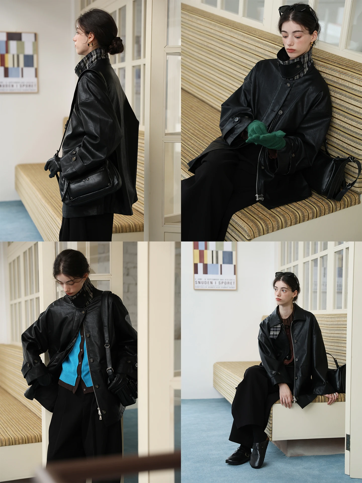 Brie Field Color "poétique fonctionnel" rétro tacheté manteau en cuir PU Plaid Patchwork mi-long vêtements d'extérieur jeunesse trajet Sle