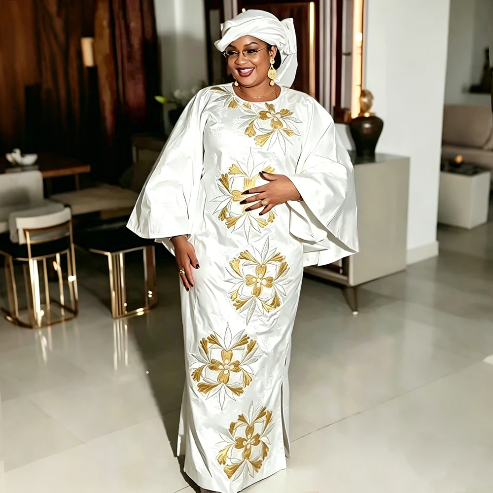 

African Clothes for Women 2026 Plus Size Dashiki Ankara Embroidery Bazin Riche Design Wedding Party Dresses With Headscarf