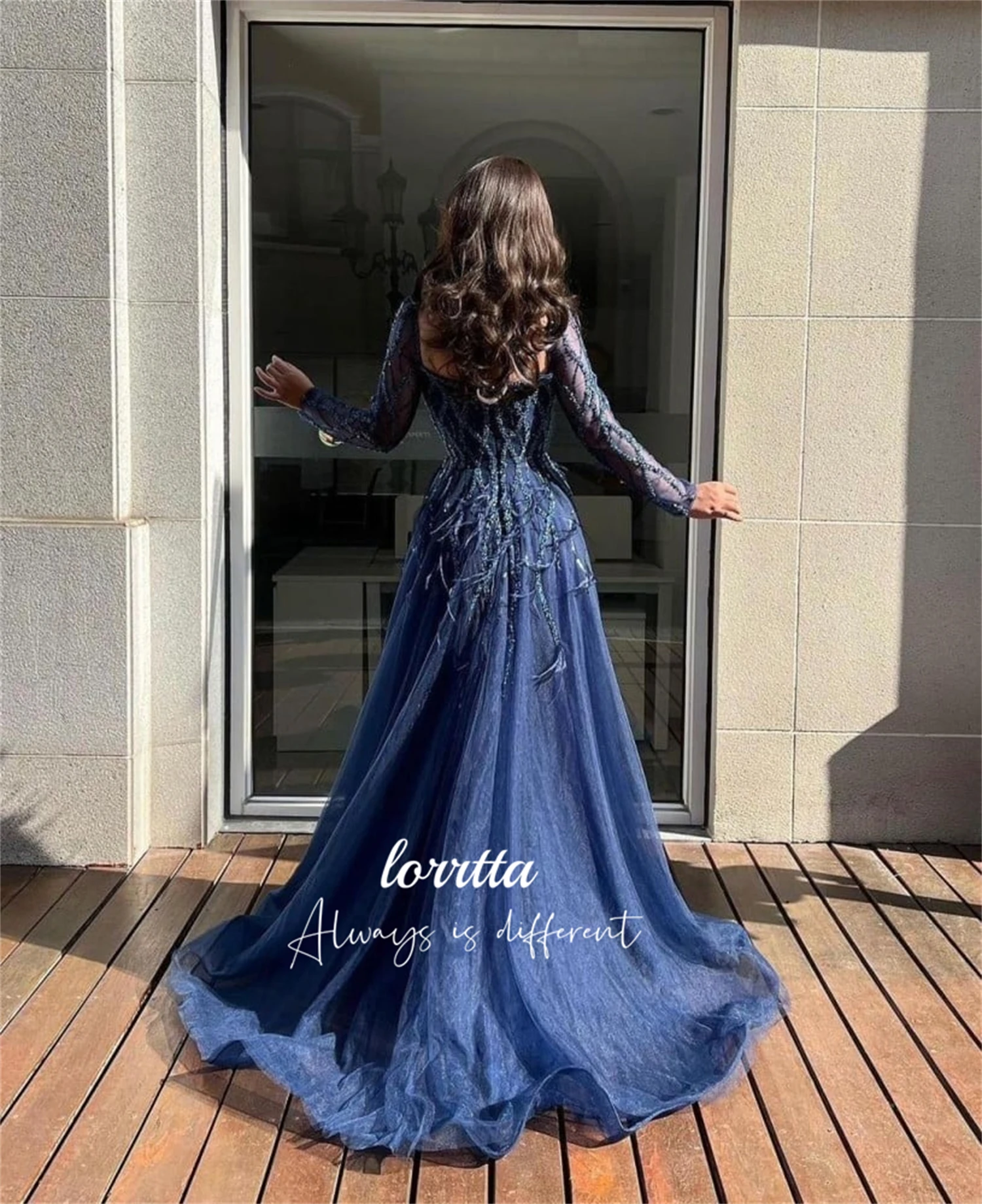 Glitter Decoration Feather Graduation Gown Navy Blue Evening Dress Luxurious Grace Customized Womens Dresses Women's Elegant