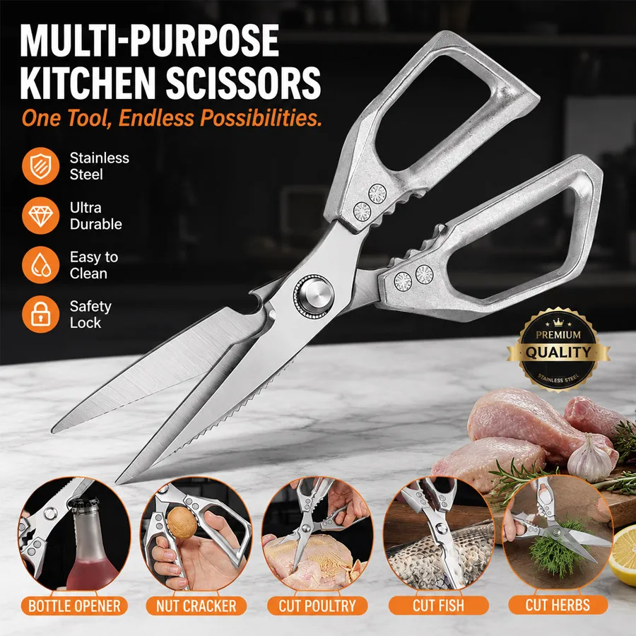 Multifunctional Stainless Steel Kitchen Scissors Household with Bone Cutter Bottle Opener & Nut Cracker for Chicken Fish Cutting