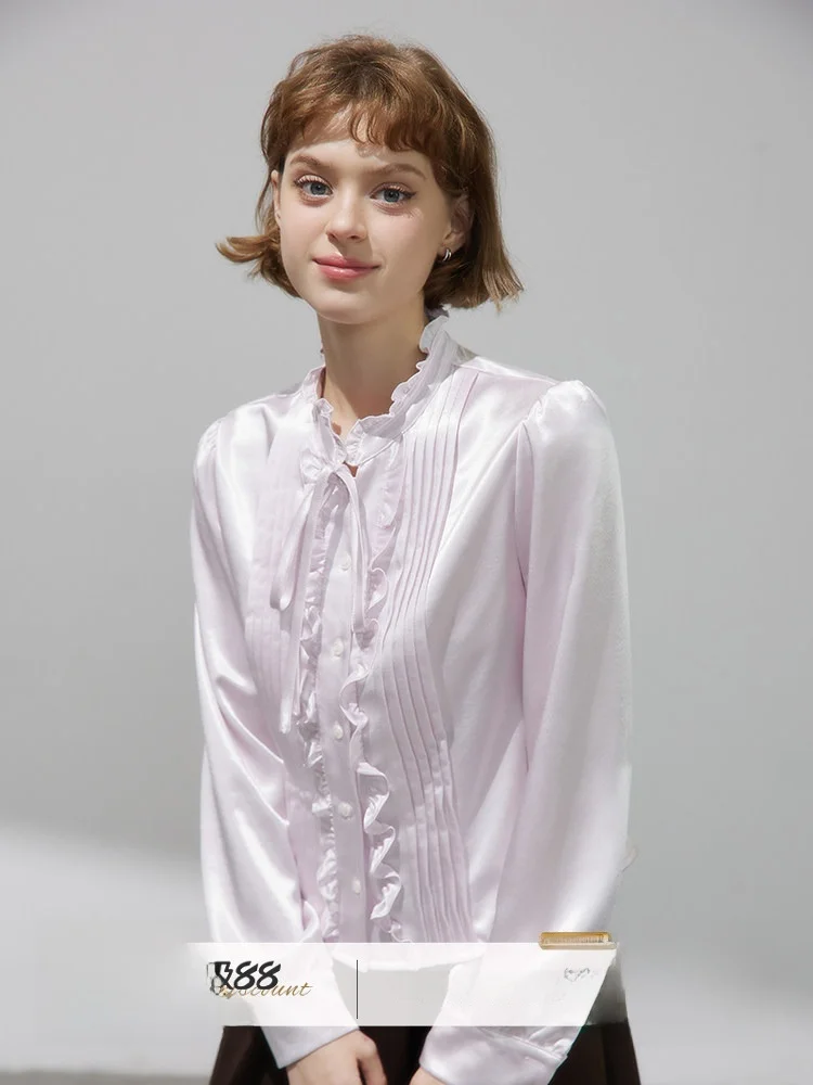 

WPsense Long Sve Satin Pinki Purple Pleated Women's irt Autumn 2025 New Sle Casual Straight Cut Polyester Fabric