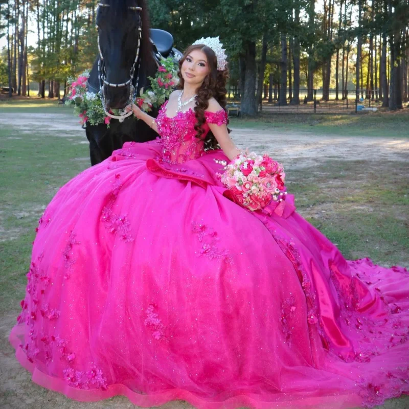 

Rose Pink Quinceanera Dresses Off the Shoulder Glitter 3D Flower Decal Long tail Bow Vestidoe 15 Quinceanera Customize