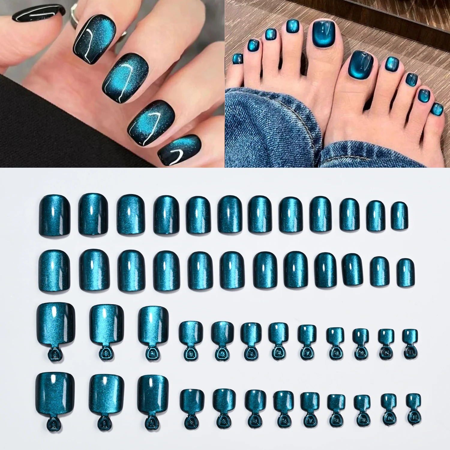 48pcs Blue-green Cat's Eye Fake Toenails/Nails Set Blue Water Gloss Highlight Short Square Press On Nails Summer Manicure Decora
