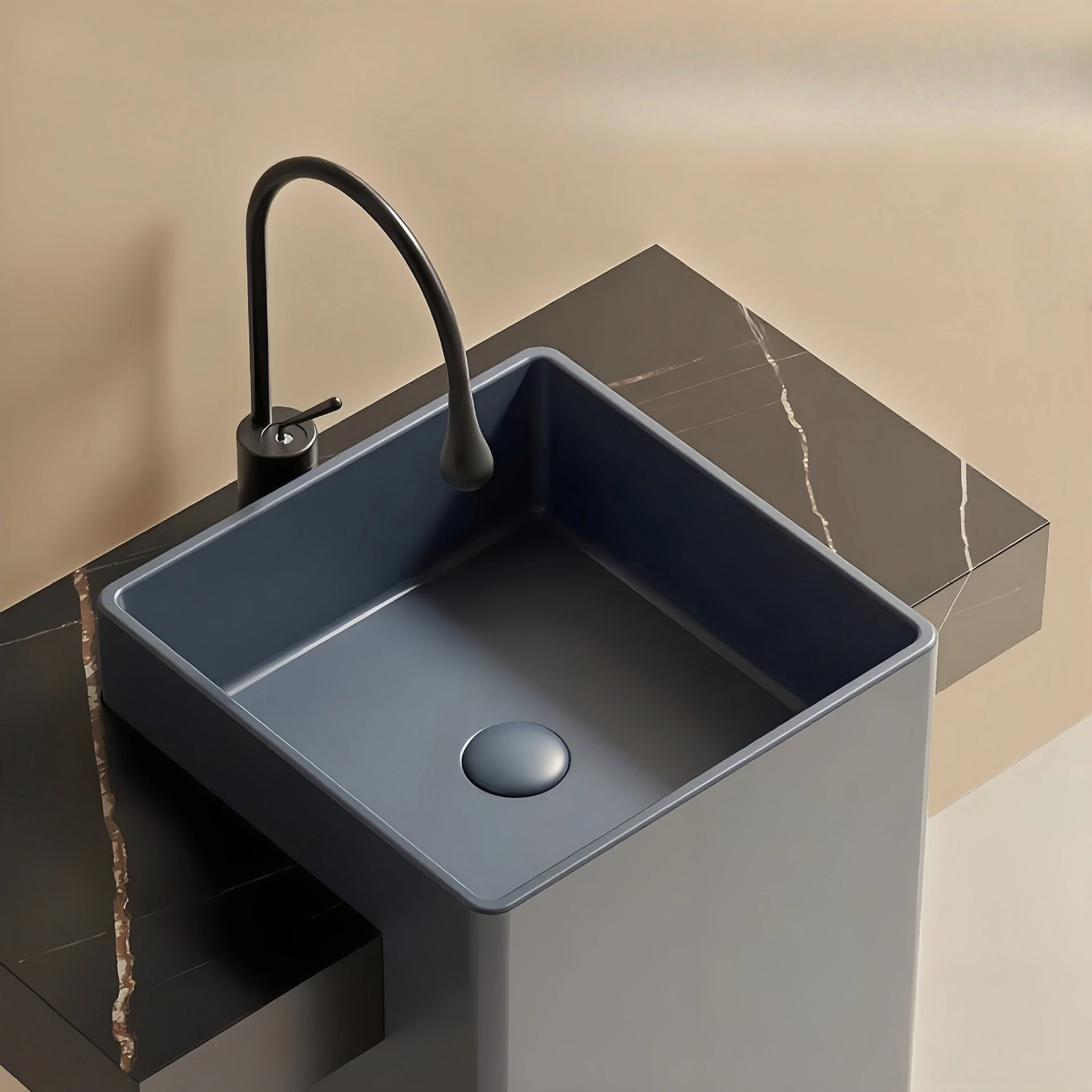 Deep space blue square bathroom ceramic column basin rock slab balcony floor-to-ceiling integrated wash basin washbasin