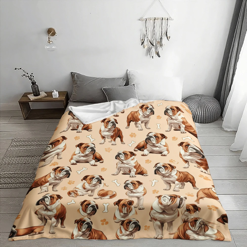 Adorable Bulldog Pattern, Gift for Dog Lovers, Soft Cozy Blanket, Cute Puppy Print Home Decor, Multi-Purpose Bed Sofa Throw