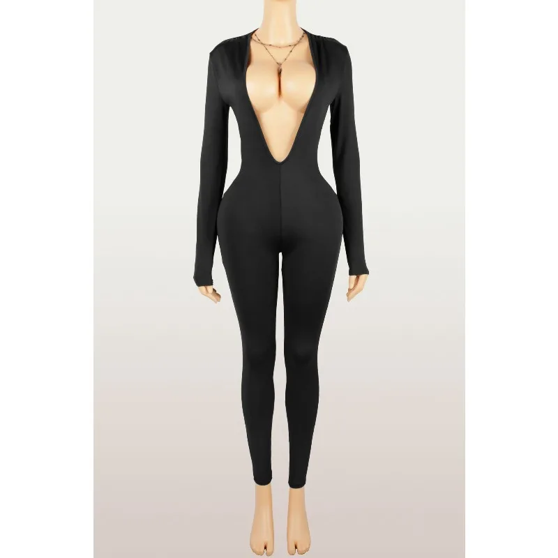 

Осень 2025 г., однотонный обтягивающий комбинезон с открытой спиной для девочек, женский облегающий комбинезон с v-образным вырезом и длинными рукавами, повседневный хипстерский комбинезон для уличного клуба