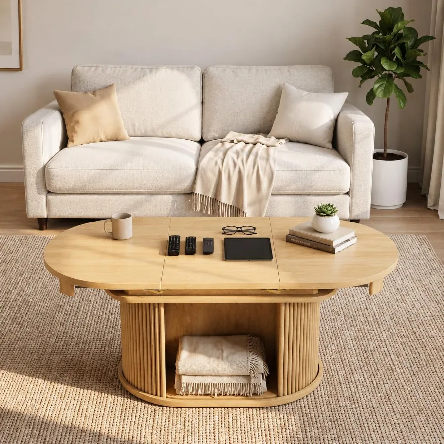 Oval Extendable Coffee Table with Storage for living room, engineered wood, walnut finish, space-saving design with hidden stor