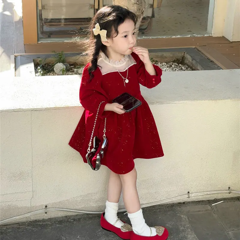 Girls' Shiny Dress with Dense Velvet and Thickened Princess Dress 2025 Autumn and Winter New Christmas Birthday Party Red