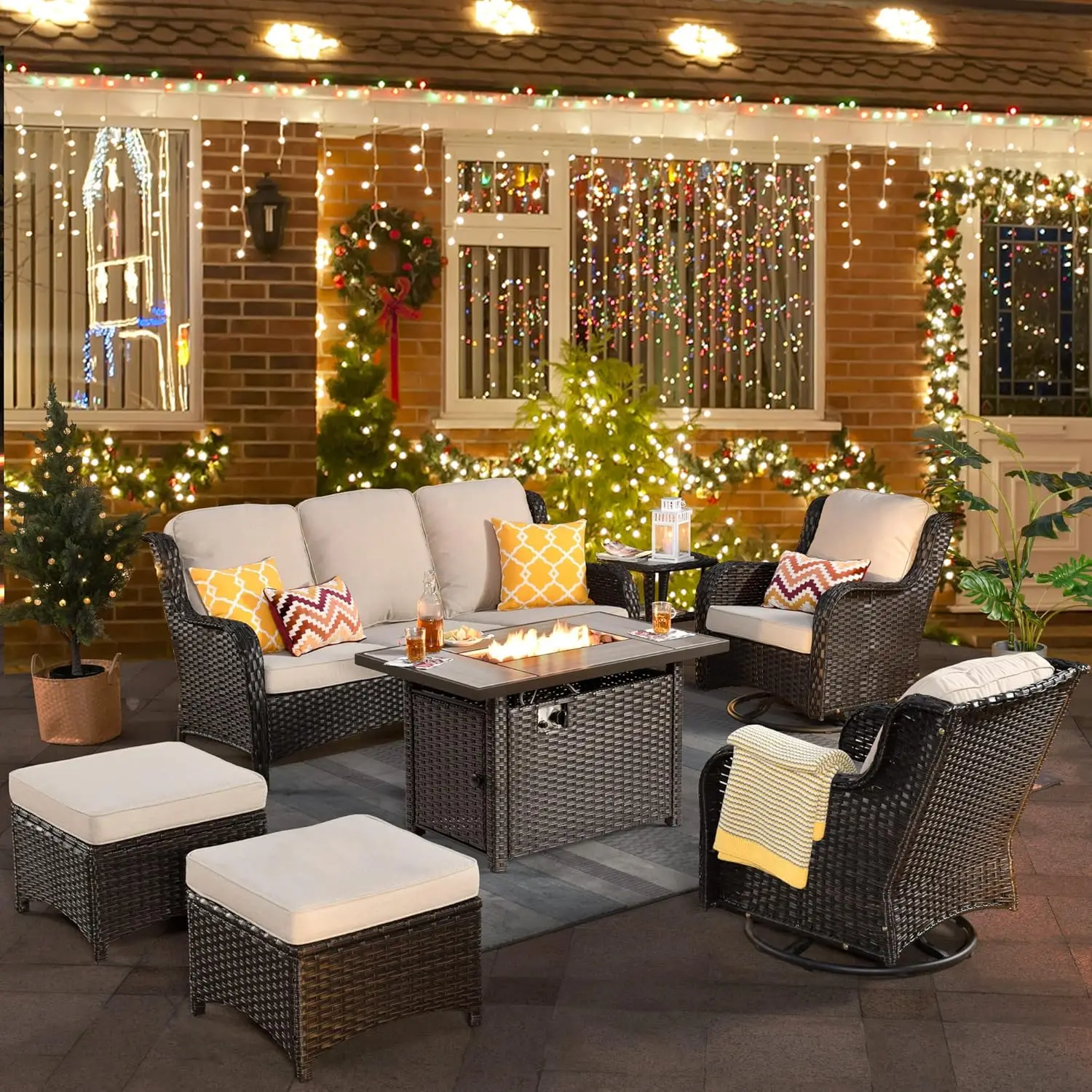 Patio Furniture Set with Fire Pit Table,7 Pieces Outdoor Furniture with Swivel Rocking Chairs