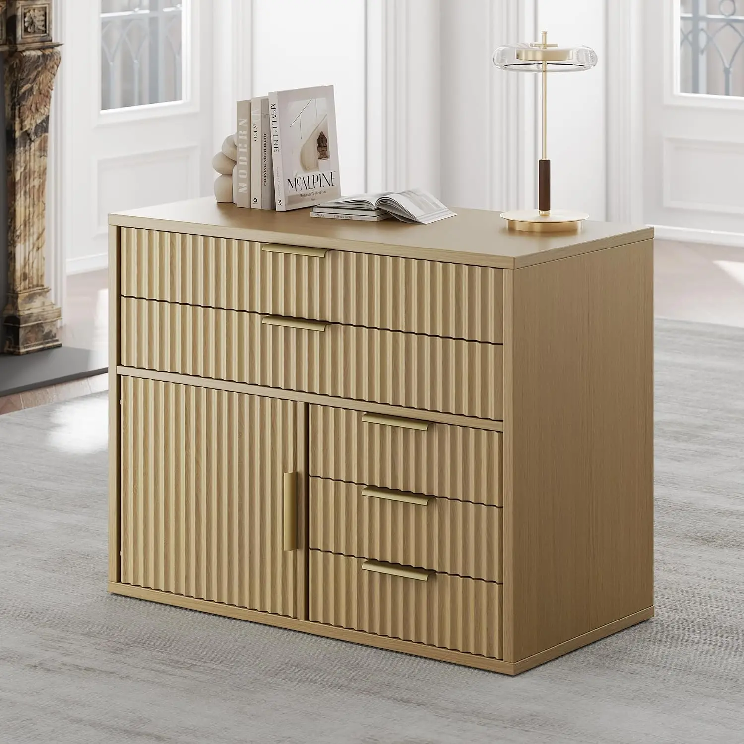 Fluted File Cabinet 5 Drawers Storage Cabinet Door Mobile Lockable Wheels Home Office Light Walnut, Customized