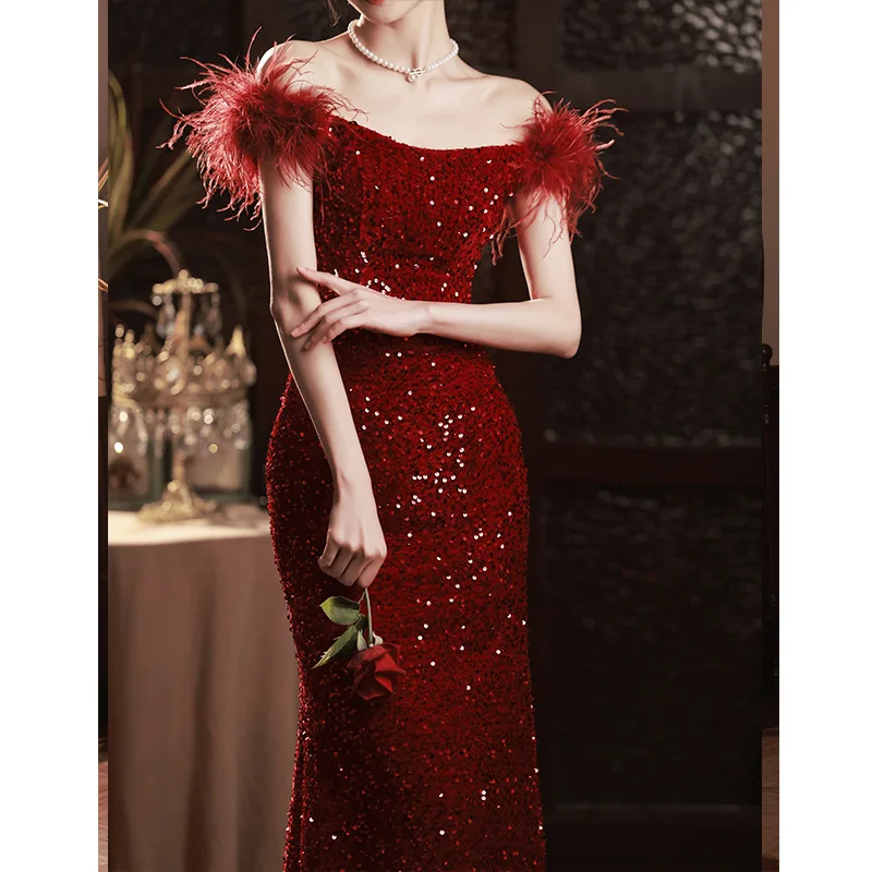 Sequins Fishtail Evening Party Dress Women Temperament Banquet Burgundy Elegant Off Shoulder Mermaid Celebrity Chinese Prom Dres