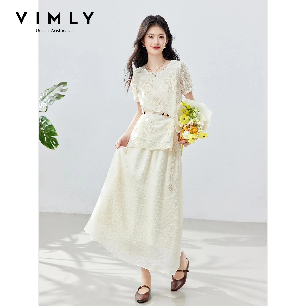 

VIMLY Women's French Gentle Casual Suit Summer 2026 New Fashion Embroidery Short Sleeve Top Midi Skirt Two-piece Set A6157