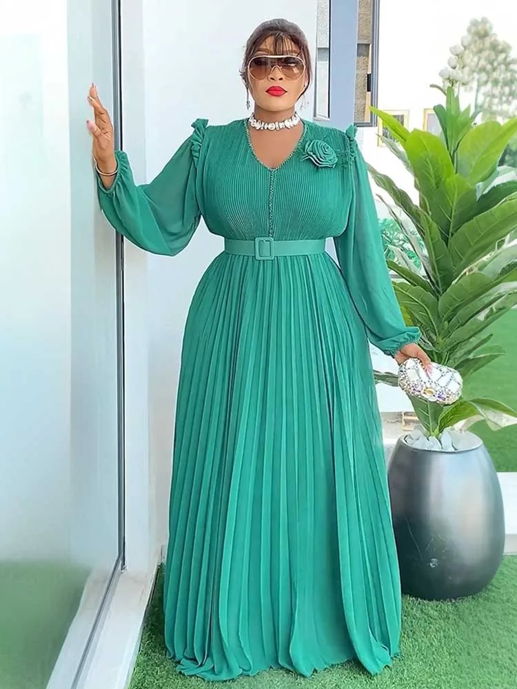 

Elegant and Chic Pleated Dress Casual Long Sleeve High Waist Mother Evening Dress Plus Size Brocade Dresses African Style