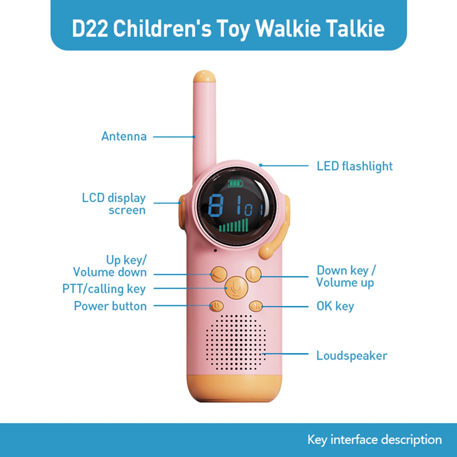 Brinquedo infantil para duas pessoas, walkie talkie recarregável para crianças, tempo de trabalho 48 horas, alcance de 3 milhas, 22 canais com flashl