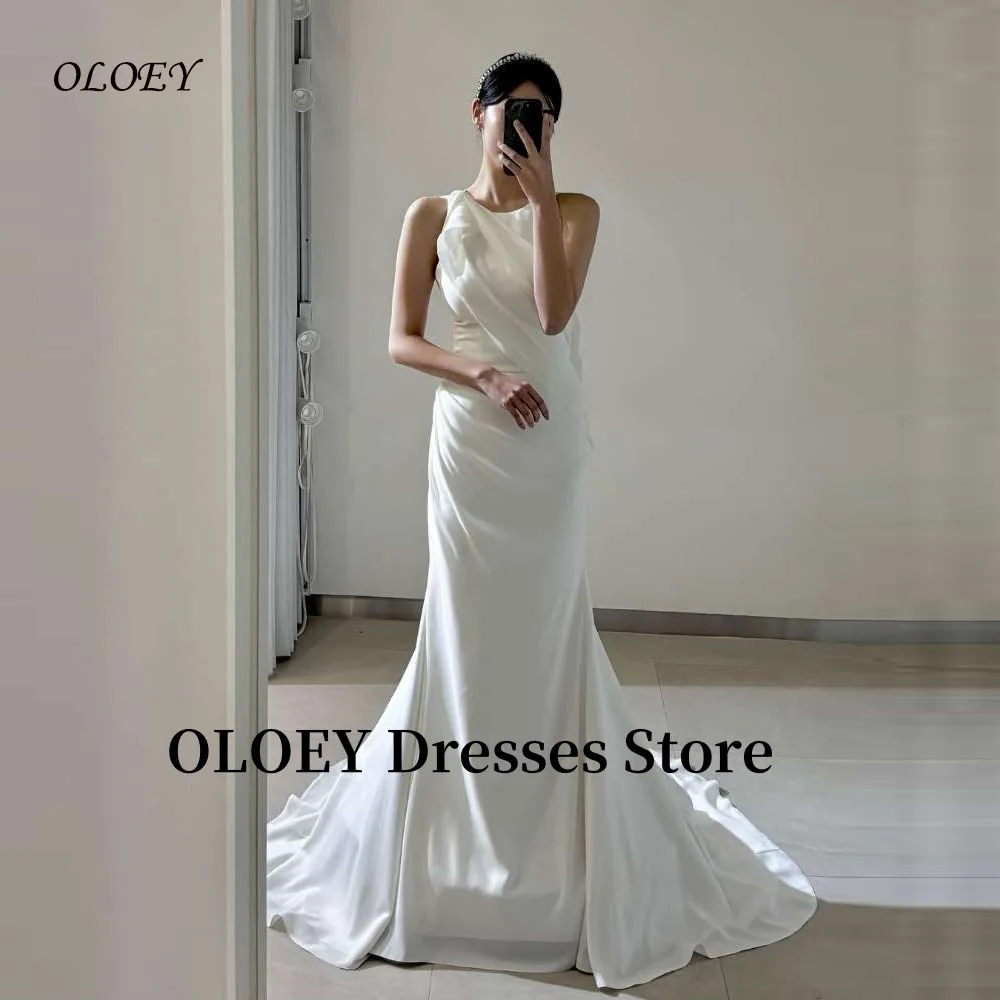 

OLOEY O-Neck Elegant Mermaid Wedding Dresses Pleats Floor Length Simple Korea Women Formal Bride Gowns Customized Mariage Party