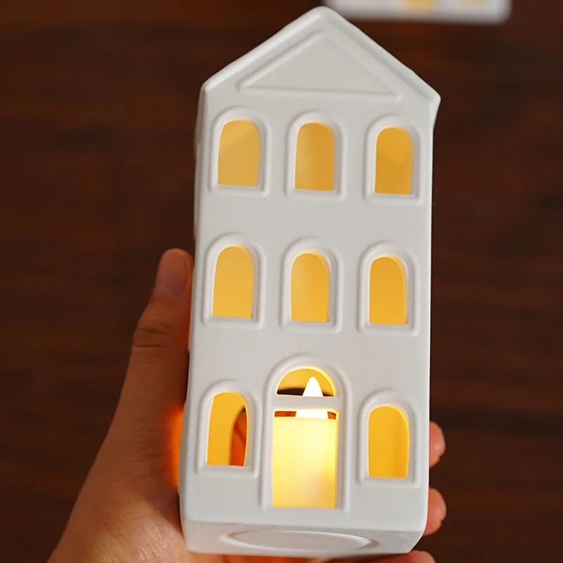Nordic Simple Matte House-Shaped Ceramic Ornaments, Danish Architectural-Shaped Candlesticks, Home Holiday Decorations