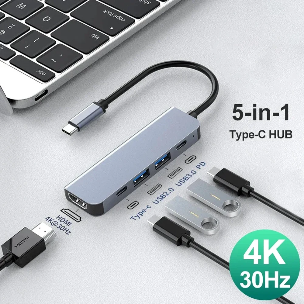 For Laptop 5 in 1 USB C HUB 4K 30Hz PD100W Dock USB-C 3.1 Splitter Type-C to HDMI Adapter  for MacBook iPad Huawei USB 3.0 HUB