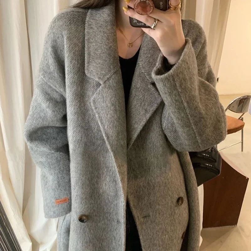 

Fluffy soft waxy double-sided cashmere coat for women plus thick cocoon type loose comfortable large plate grey Albaca wool coat