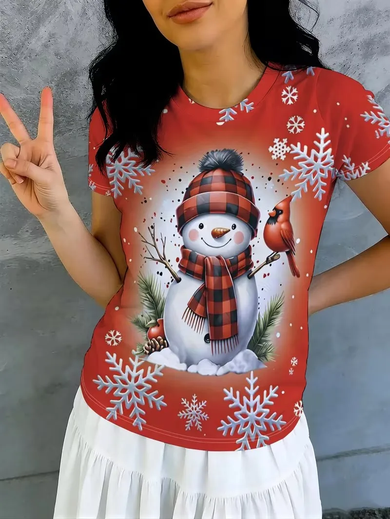Women' Christmas Party T-shirt 3D Cute Christmas Snowman Printed Top Fashion Round neck Short Sleeved Casual Home Clothing