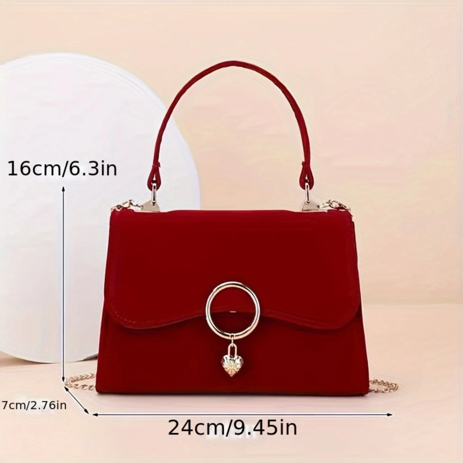 Bolso de mano nupcial de terciopelo rojo con anillo de metal, colgante - Elegante bolso de hombro tipo bandolera - Accesorio de matrimonio de terciopelo elegante