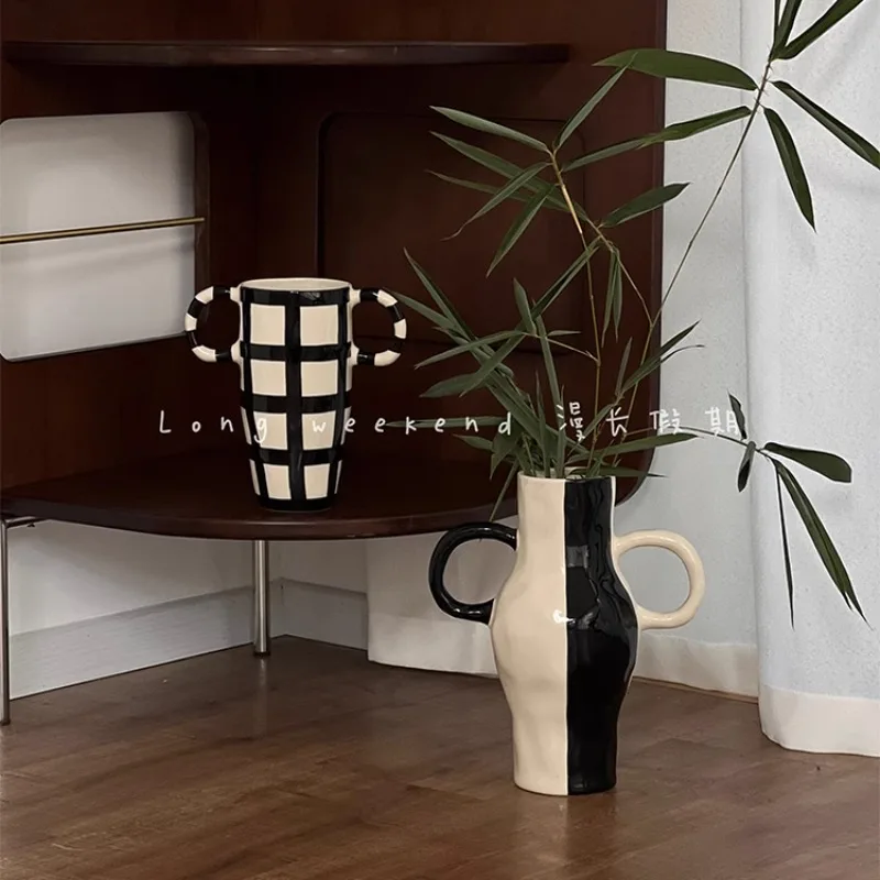 Long Holiday Black and White Vintage Ceramic Vase Decoration Living Room Dining Table Decoration Flower Embellishment Homestay Q