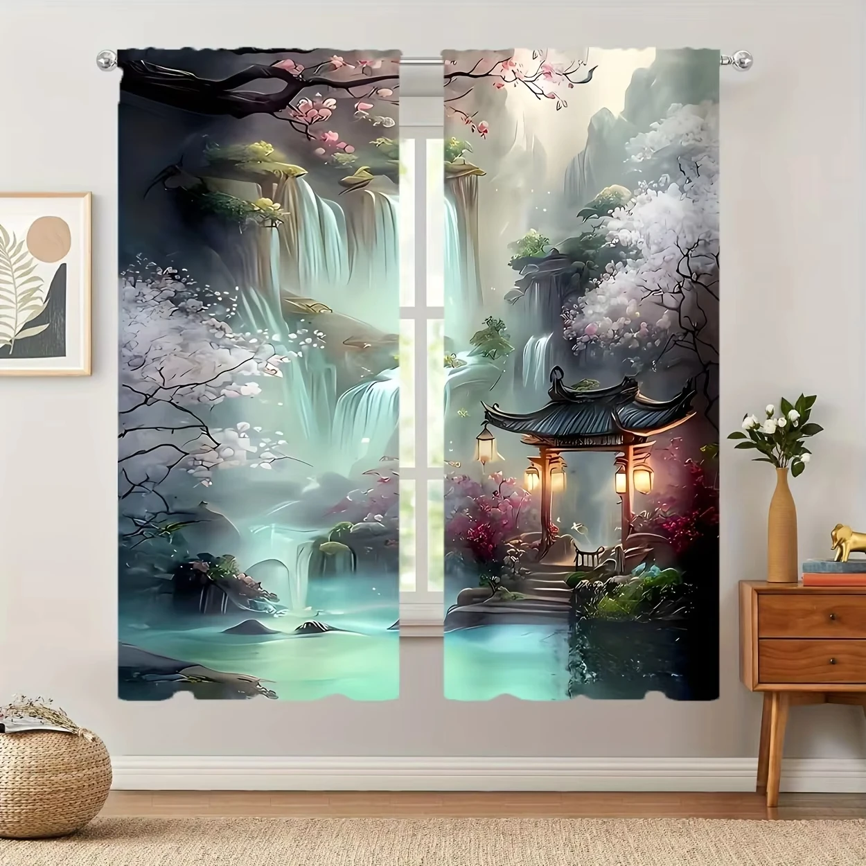 Rideaux de cascade vintage Zen - Motif Montagne Brumeuse et Fleurs de Cerisier, Draperies Décoratives pour une ambiance tranquille
