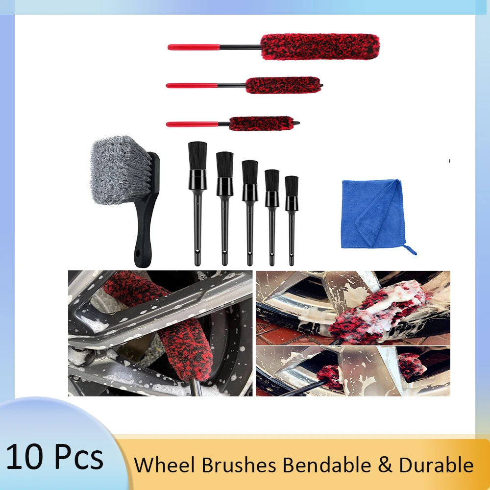 10Pcs Wheel Tire Brush Set, Wheel Brushes Bendable & Durable Car Wheel Rim Detailing Brush for Cleaning Spokes, Fenders, Engines