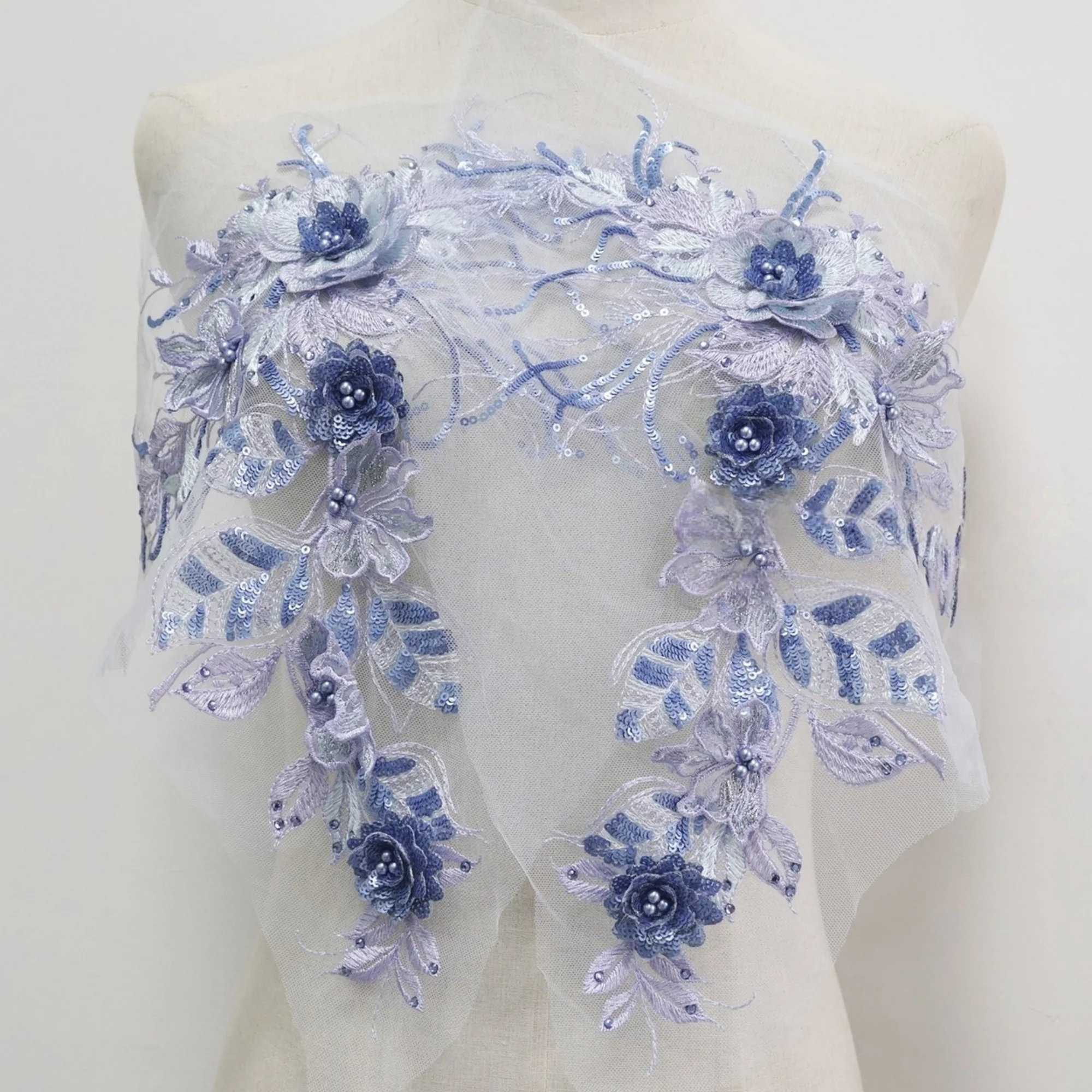 1-ペア手作り青紫刺繍立体フラワーネイルビーズスパンコールレース-diy-装飾漢服袍ドレス用