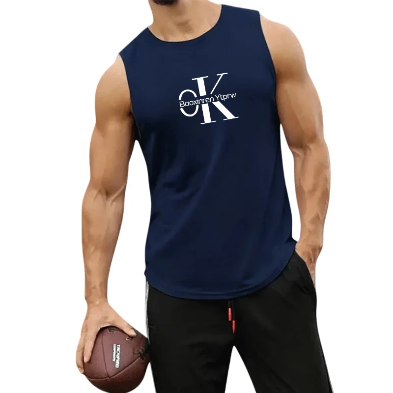 EU Size Men's Sleeveless Tank Top Minimal OK Monogram Letter Print Curved Hem Casual Sports Fitness Vest