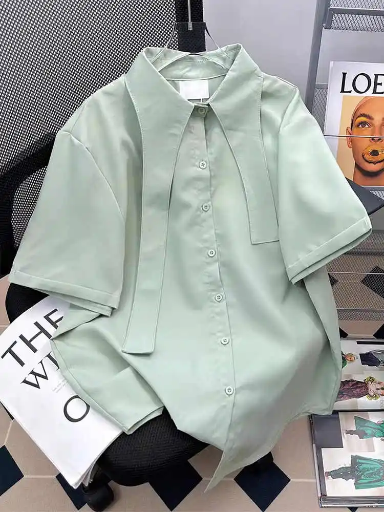 

Women Light Green Shirts Blouses Y2k Aesthetic Harajuku Vintage Korean 2000s Short Sleeve Shirt Oversize Stylish Clothes Summer