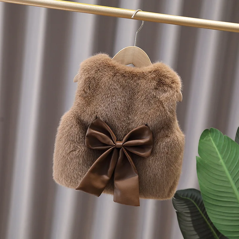 1-12Y Girls Bows Faux Fur Vest Waistcoat Teens Kids Thickened Warm Velvet Cotton Tops Jacket Outwear for Children's Clothing