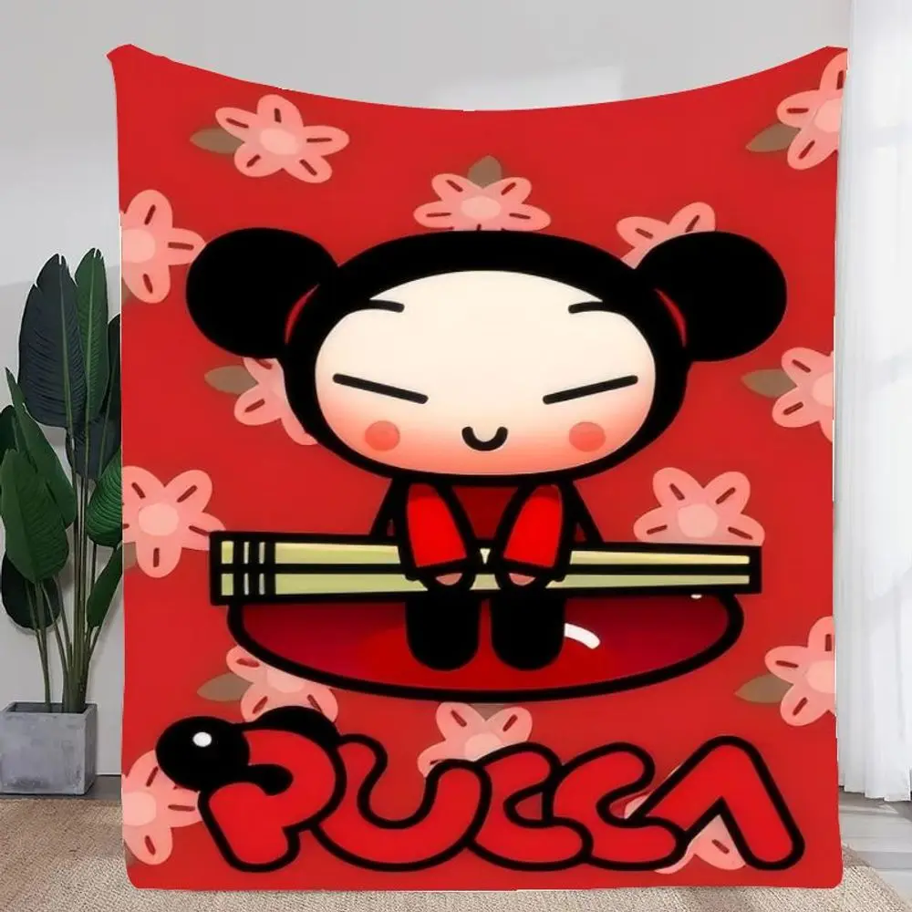 Cute Pucca Character Plush Blanket - Cozy Cartoon Style Throw Blanket with Whimsical Red Background and Pink Flower Accents, Ide