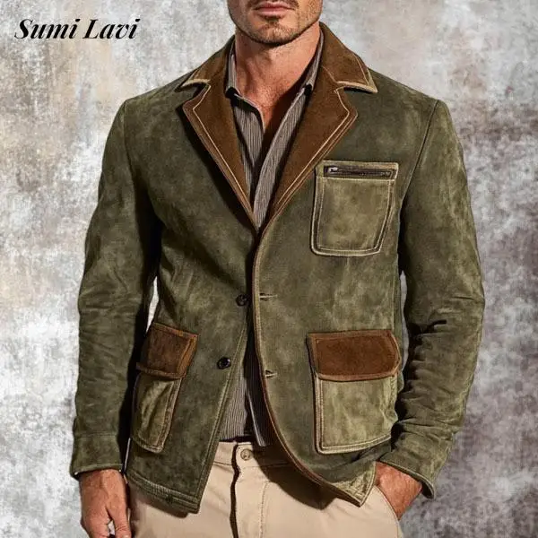 

2024 Fall Winter Outdoor Jackets Men Coats Casual Long Sleeve Button-up Outerwear Mens Trendy Contrast Color Lapel Pocket Jacket