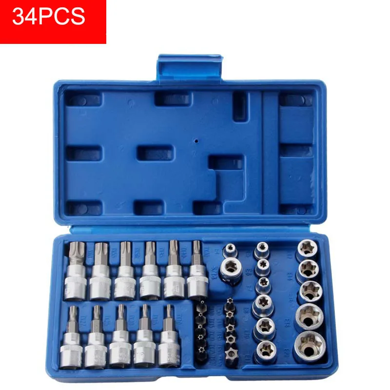 T50 34Pcs Torx Star Sockets & Bit Set E-Security Bits Drive Handheld Tool Torque Star Socket Automotive Repair Combination Set