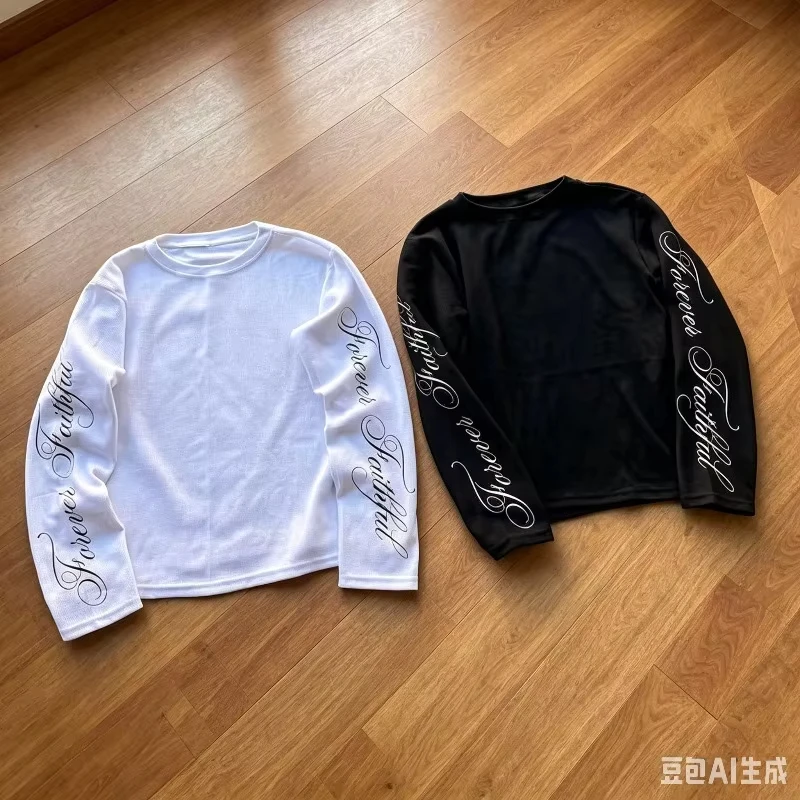 Image of Frühlings-Retro-T-Shirt im amerikanischen Y2K-Stil für Erwachsene/Kinder, Langarm, Lässiger Rundhalsausschnitt, Leichtes, Atmungsaktives Oberteil mit Schriftzug-Print, Streetwear