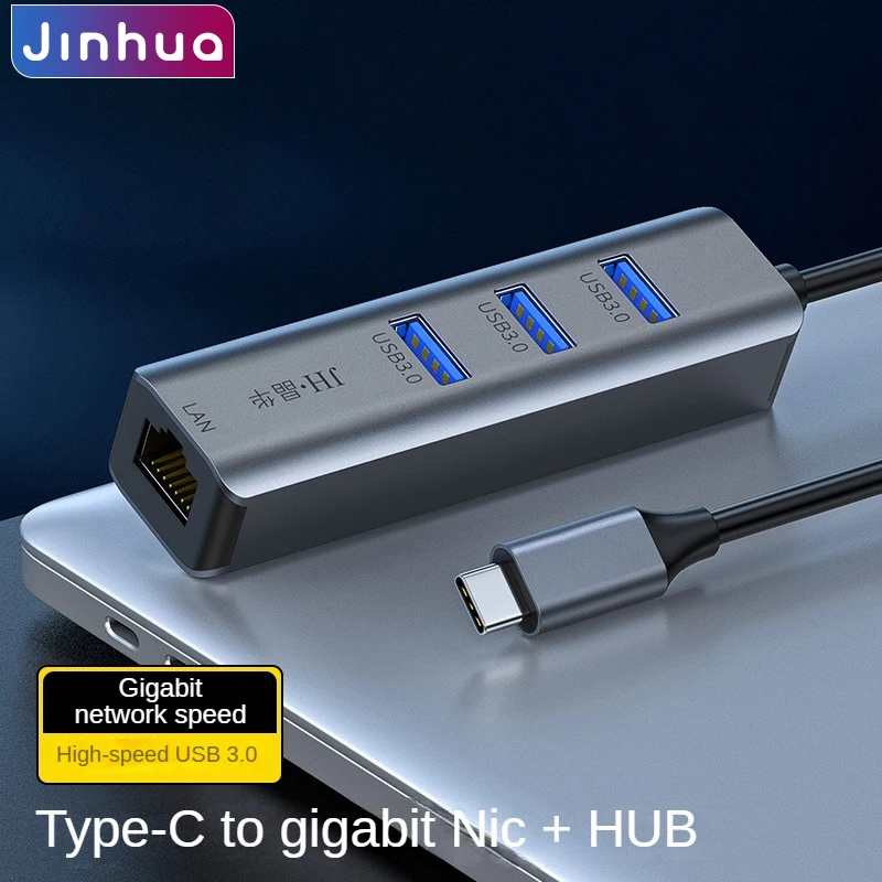 

Type-C to Gigabit Ethernet Adapter with 3 USB 3.0 Hubs, 1000Mbps LAN Network Card for Laptop Phone