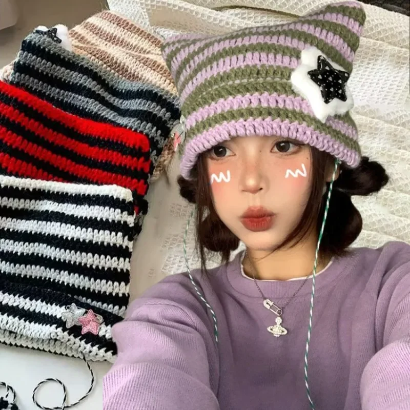 Star Devil Knitted Beanie Hats Women Y2K Kawaii Cat Ear Striped Beanies Korean Harajuku Hat Warm Autumn Winter Cute Pullover Cap