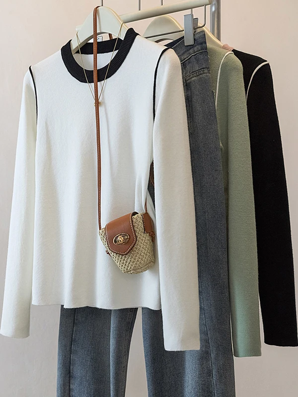 Spring Autumn Knitted round Neck Sweater Women's Slim Fit Design Casual Style Inner Wear Fashionable Versatile Base Layer Shirt