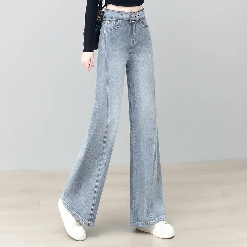 جينز رمادي فاتح للنساء، سروال مستقيم عالي الخصر للربيع والخريف متعدد الاستخدامات وفضفاض وبسيط