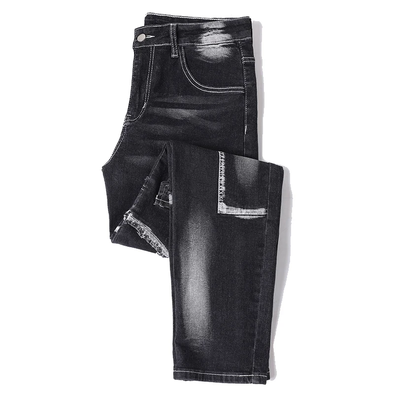 Men's Hole Slim Fit Straight Biker Jeans New Stretch Casual Hip Hop Street Pants Fashion Patchwork Trend Male Denim Trousers