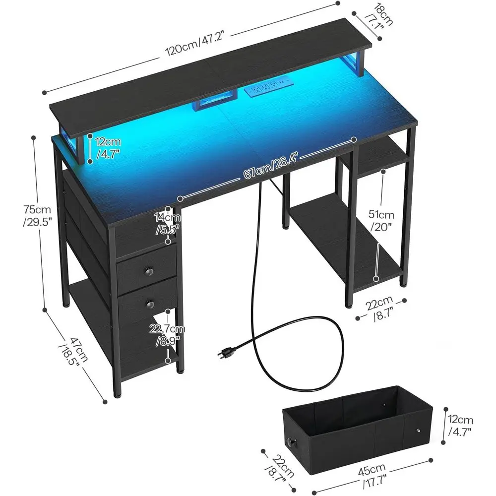 LED-lit 47 Gaming Desk with Power Outlets, Monitor Stand, Drawers & Storage for Home Office, Study, and Work, Black