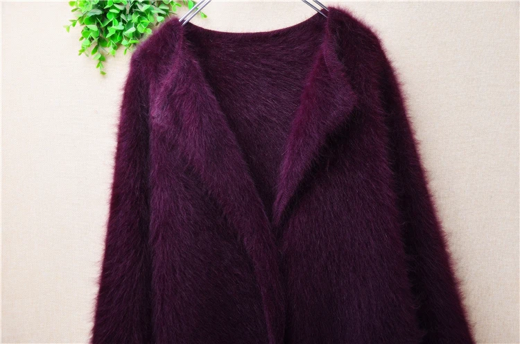 Ladies Women Fall Winter Clothing Hairy Mink Cashmere Knitted Suit Collar Long Sleeves Medium Long Sweater Cardigans Angora Coat