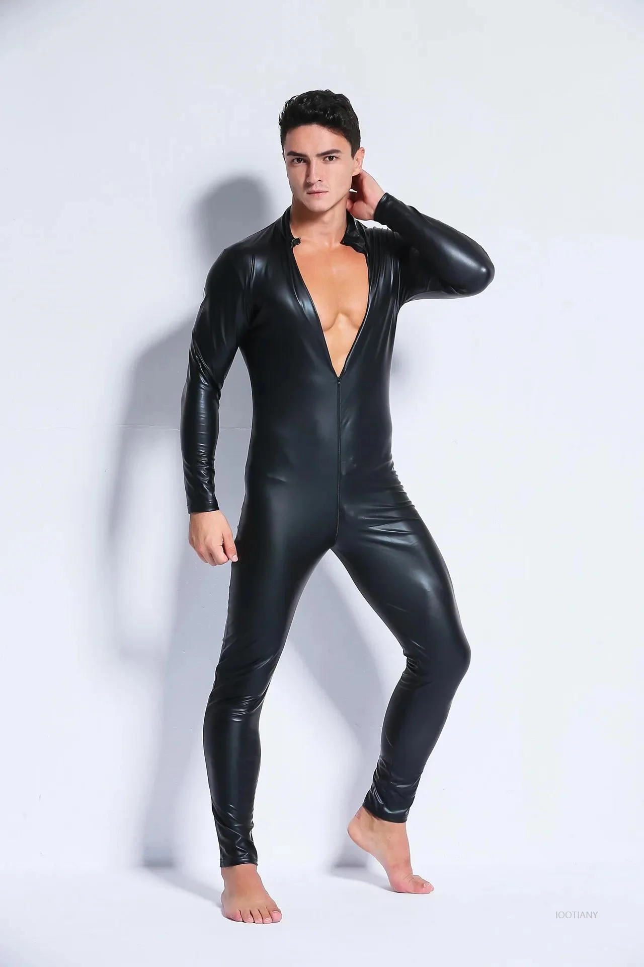 Sexy Men's Pu Faux Leather Stretch Black Patent Bodysuits Zipper Latex Bodysuit Slim Fit Jumpsuit Front Zipper Club Clothing