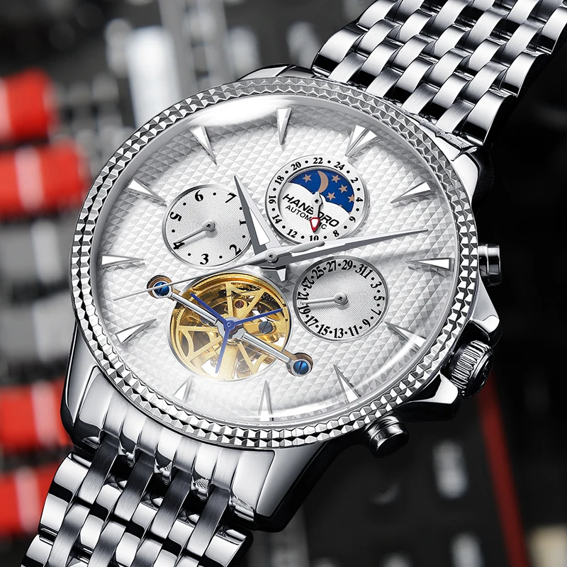 Hanboro 44MM Men's Mechanical Watch Automatic Movement Multifunction Sapphire Crystal waterproof Luminous Fashionable Wristwatch